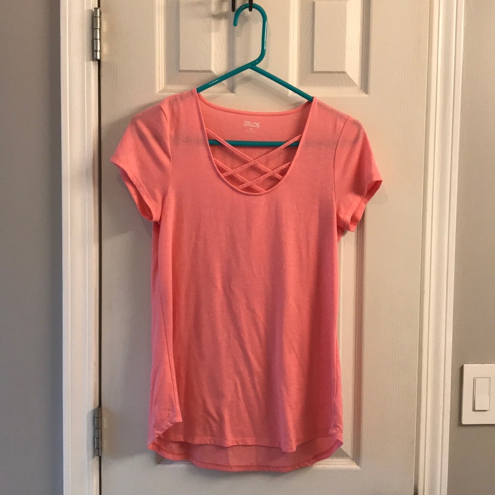 XS criss-cross pink fashion t shirt.